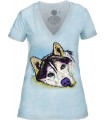 Tee-shirt femme motif Husky Sibérien avec col en V - T-shirt Husky Sibérien